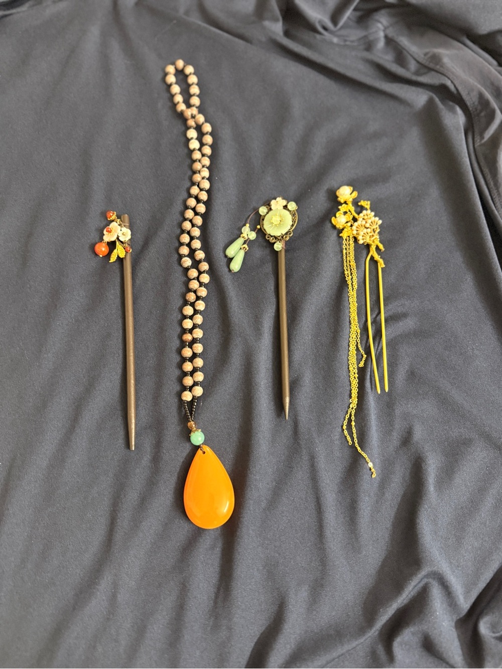 Chinese Hair Pins and Orange Pendant Necklace Set